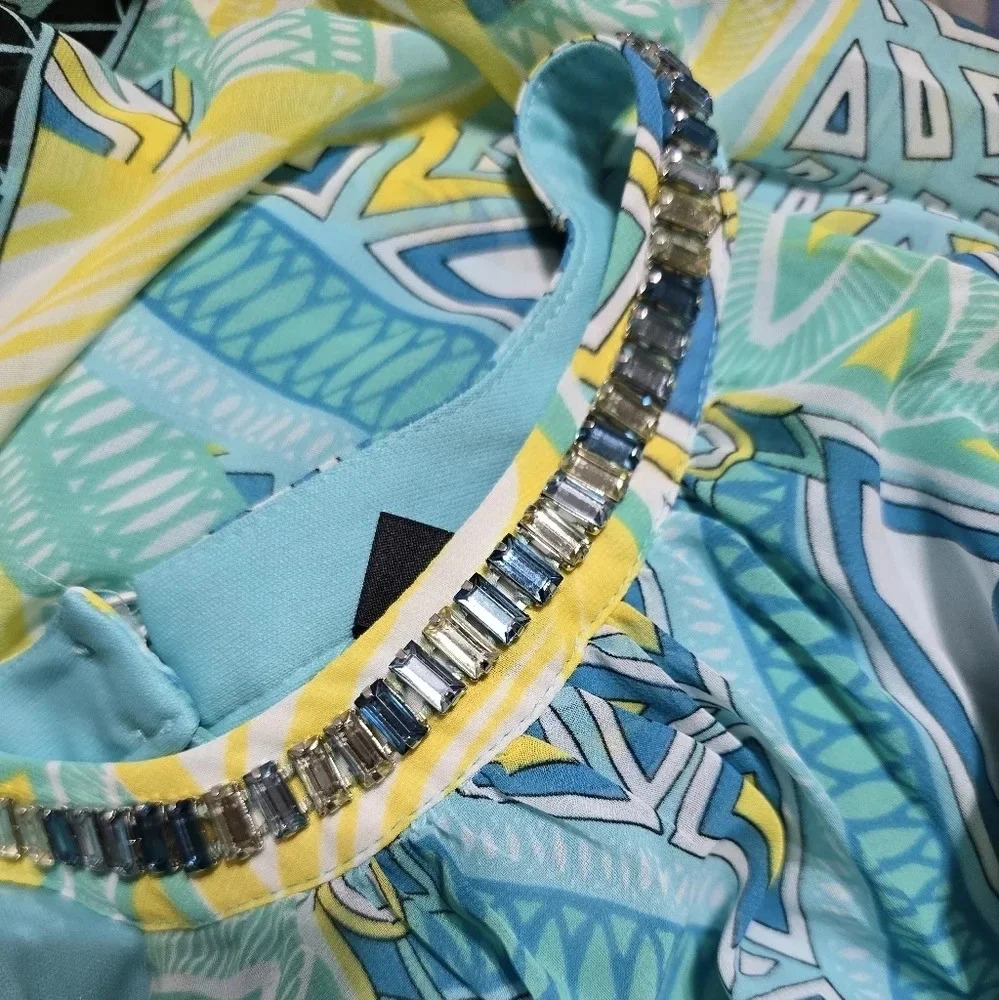 MSK Geometric Print Maxi Dress, Jeweled Halter Neckline, Stretchy Waist, EUC! - Picture 3 of 11